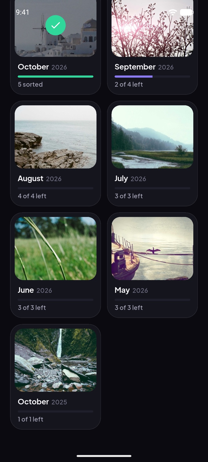A grid of month decks, each with a cover photo and progress