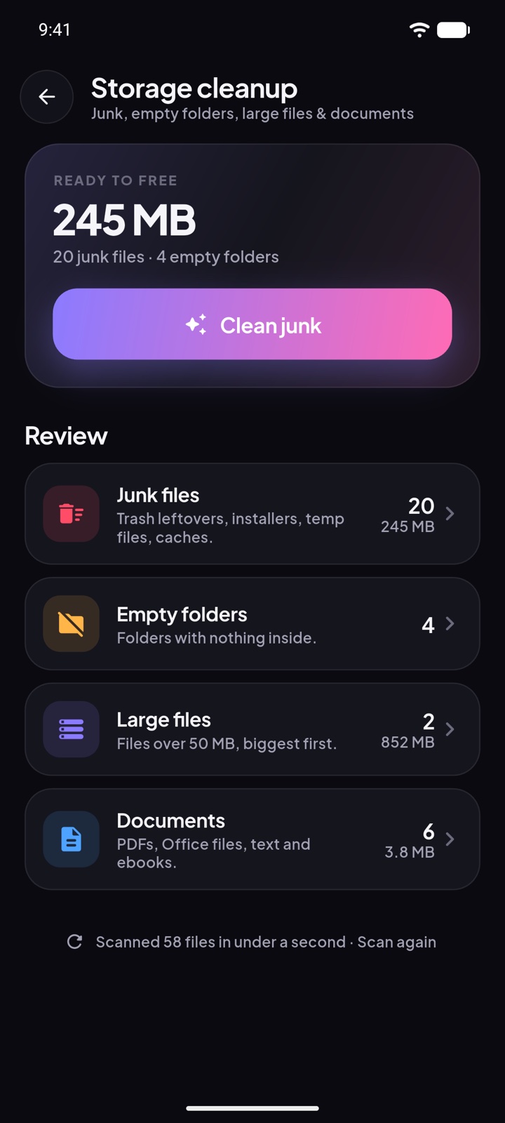 Storage cleanup showing 245 MB ready to free across junk files, empty folders, large files and documents