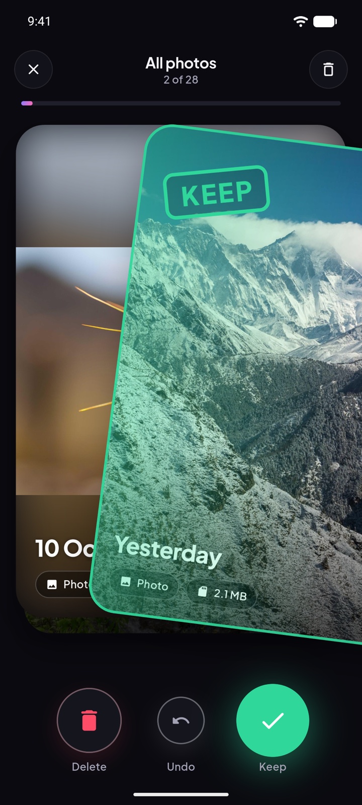 A mountain photo being swiped right with a green KEEP stamp