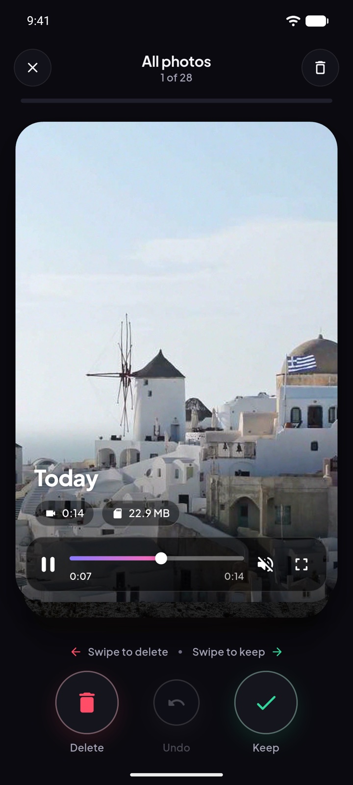 A video playing on a swipe card with a seek bar, mute and full screen buttons