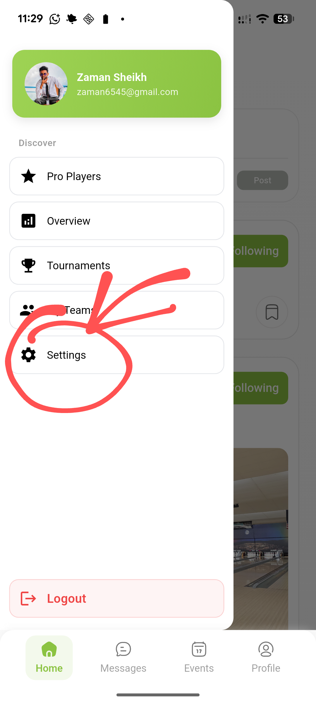 Screenshot showing the sidebar menu with 'Settings' circled