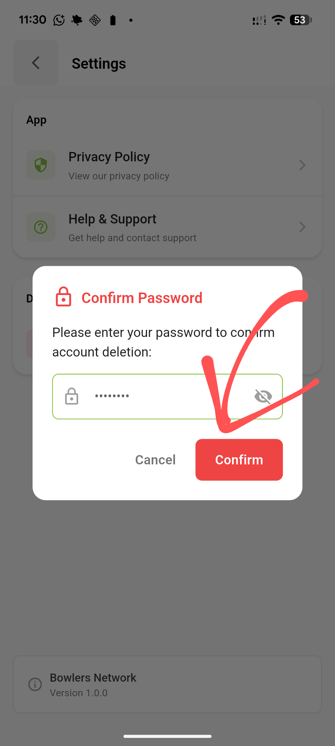 Screenshot of the 'Confirm Password' modal for final verification