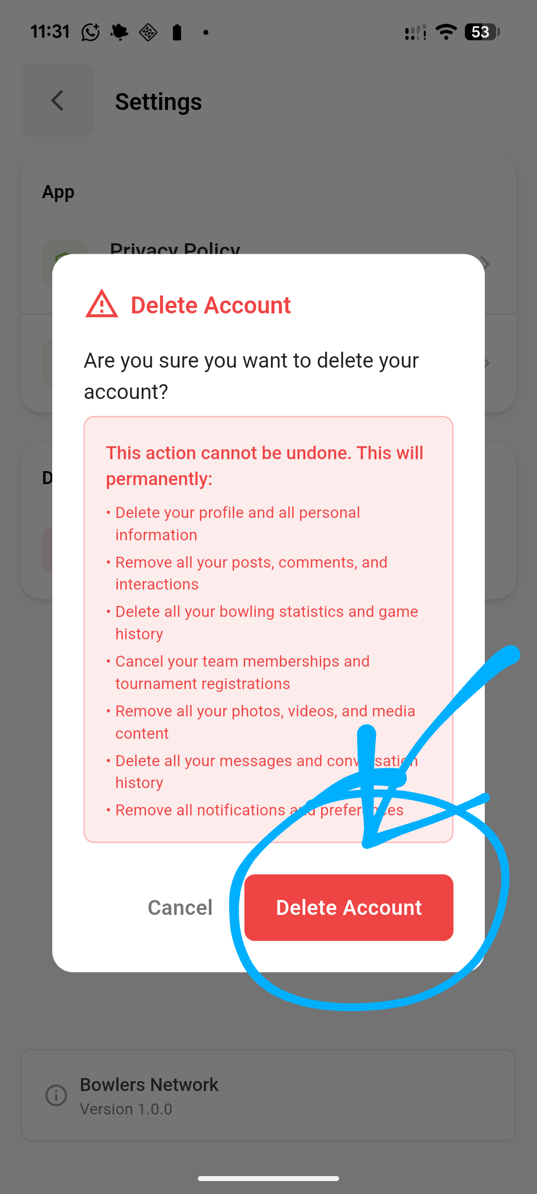 Screenshot of the 'Delete Account' warning popup with confirmation button